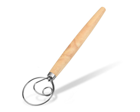 Danish Dough Whisk 13 Inch 304 Stainless Steel Dutch Bread Whisk Wooden Handle Sourdough Stir Stick