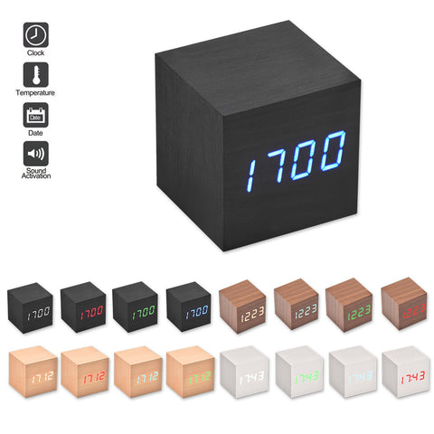 Wood Cube LED Alarm Clock with Date Time Temperature