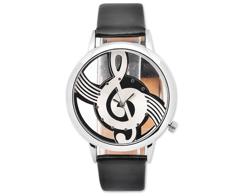 Musical Note Leather Band Quartz Women's Wrist Watch - Black