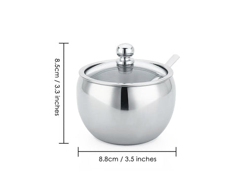 Stainless Steel Sugar Bowl with Clear Lid and Spoon