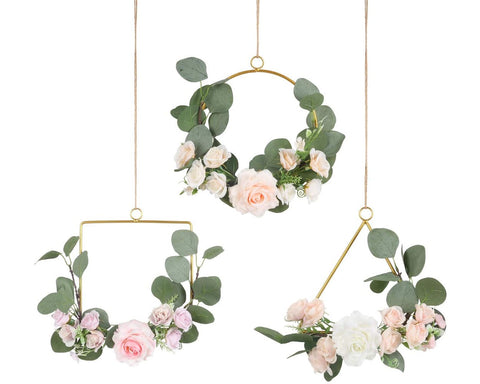 Floral Hoop Wreath 3 Pieces Metal Ring Wreath with Flower Geenery Hoop