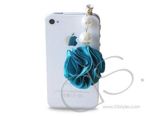 Dangling Flower Crystal Headphone Jack Plug - Blue