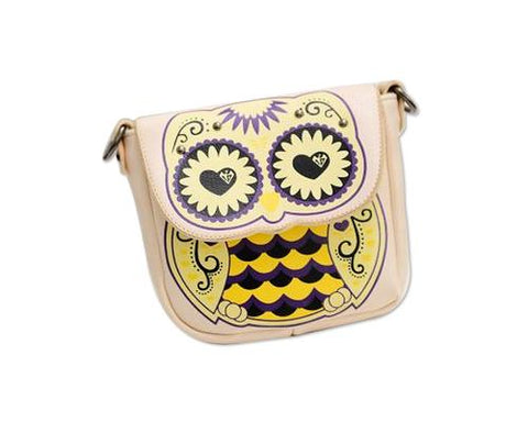 Cartoon Owl Print PU Leather Shoulder Bag - Beige