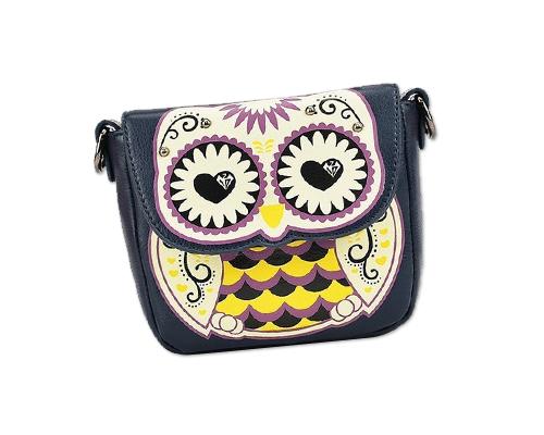 Cartoon Owl Print PU Leather Shoulder Bag - Blue