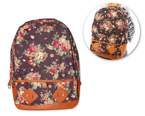 Floral Print Canvas Backpack - Deep Brown