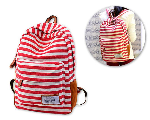 Stripe Print Korean Style Canvas Rucksack - Red