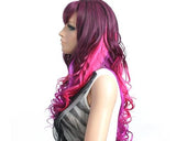 Heat Resistant Long Curly Wig with Side Swept Bangs- Purple Red