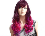 Heat Resistant Long Curly Wig with Side Swept Bangs- Purple Red