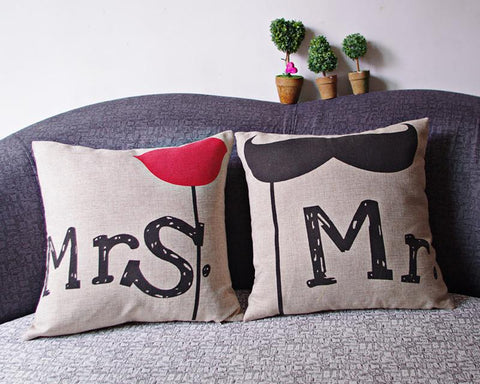 Cute Wedding Decor Mr Beard and Mrs Kiss Throw Pillow Cushion Cover