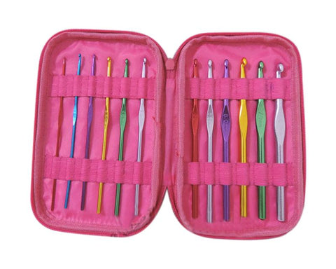 12 Pcs Assorted Colors Crochet Hooks with Dot Pattern Case - Magenta