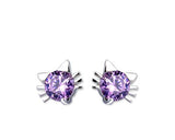 Lovely Cat 925 Sterling Silver Bling Crystal Stud Earrings - Purple