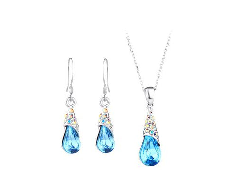 Teardrop Crystal Earring and Necklace Jewelry Set - Blue