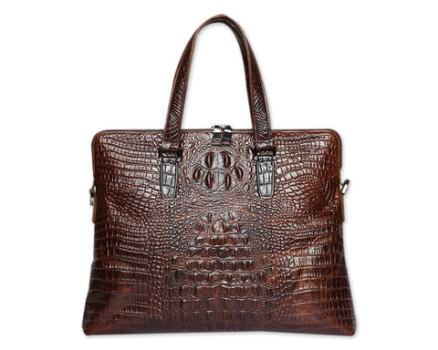 Crocodile Pattern Style Leather Slim Business Briefcase - Brown