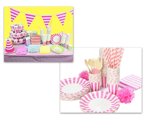 Party Tableware Kit - Paper Plate, Cup, Cutlery, Straw, Napkin - Pink