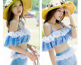 3 Pcs Blue High Waist Bikini Set with Off-the-Shoulder Cover Up