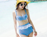 3 Pcs Blue High Waist Bikini Set with Off-the-Shoulder Cover Up