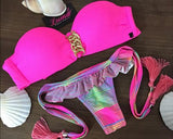 Bright Color Bikini Set with Solid Bra and Printed Panty