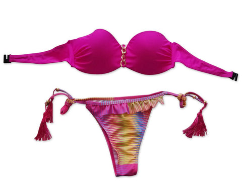 Bright Color Bikini Set with Solid Bra and Printed Panty