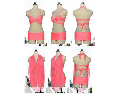 Solid Color Bandage Triangle Bikini Set with Cover Up Sarong - Pink