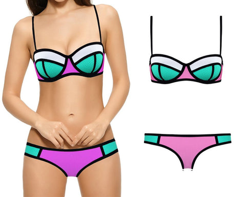 Spaghetti Strap Series Color Block Bikini Set - Magenta and Blue