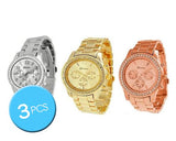 3 Pcs Geneva Women Classic Round CZ Quartz Analog Alloy Band Watch