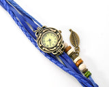 Retro Leaf Women Lady Weave Wrap Leather Bracelet Wrist Watch