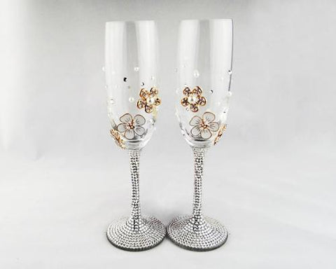 Set of 2 Elegance Flowers Wedding Crystal Champagne Flutes