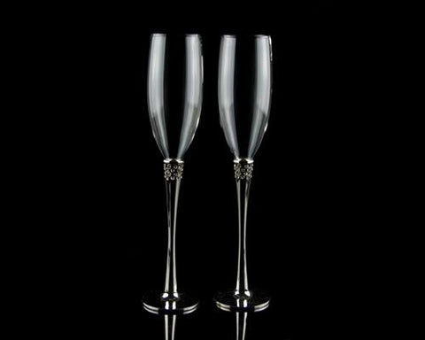 Set of 2 Simple Silver Wedding Crystal Champagne Flutes